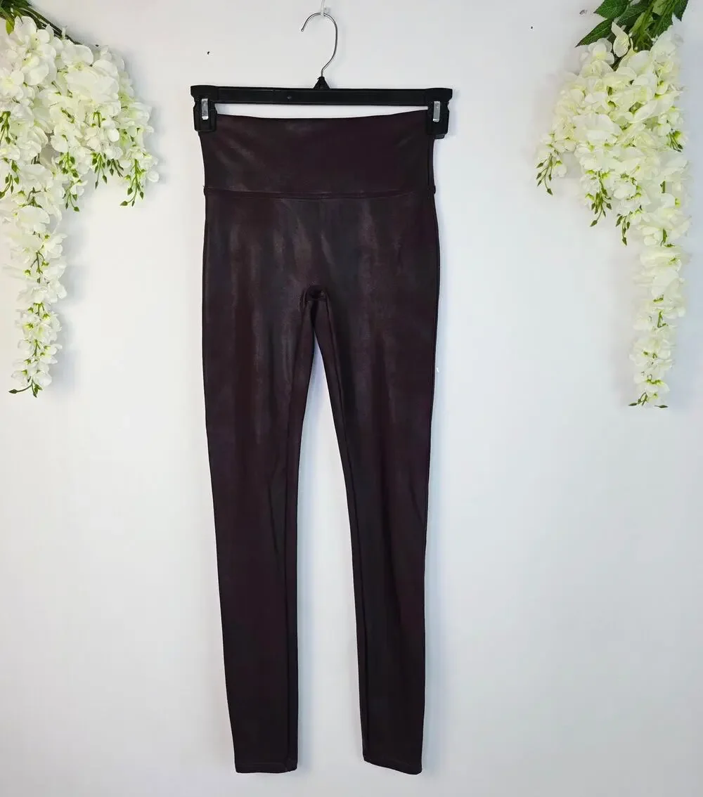 SPANX Faux Leather Leggings Medium Burgundy High Waist Shaping Baddie Moto
